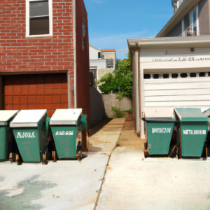 An image showing a spacious residential driveway in Philadelphia, neatly lined with various-sized dumpsters, each displaying the same company logo, showcasing the ease and convenience of hassle-free cleanup