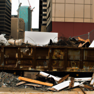 An image showcasing a cluttered construction site in Philadelphia, with debris scattered all around, contrasting with a pristine, organized dumpster in the foreground