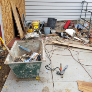 An image of a neatly organized home renovation project in Philadelphia, with a dumpster parked nearby, showcasing various tools, materials, and debris