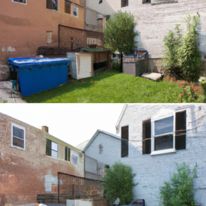 An image showcasing a cluttered backyard that has been completely transformed after using a dumpster rental service in Philadelphia