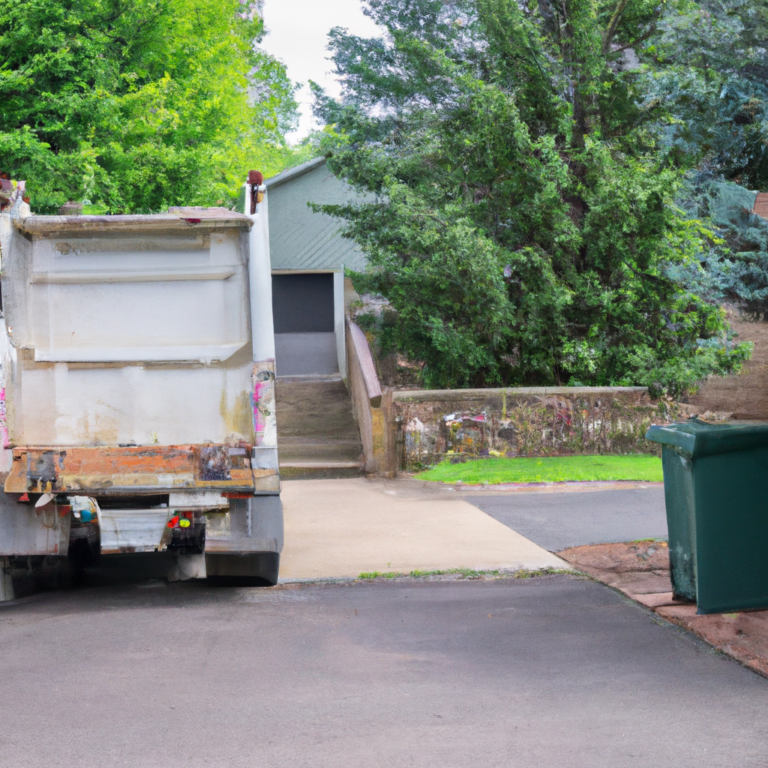 An image showcasing a spacious residential driveway, filled with neatly stacked and organized debris, as a dumpster rental truck parks nearby, ready to simplify your cleanup